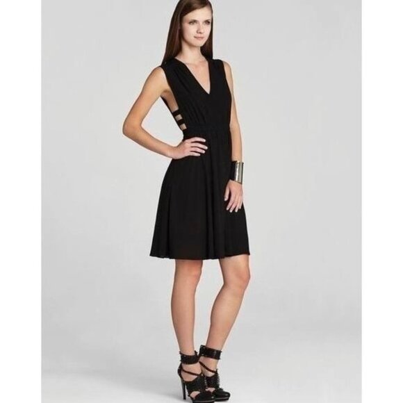 BCBGMaxAzria Black Gathered Waist Sleeveless V-neck Cutout Rachel Midi Dress XS - Picture 15 of 15
